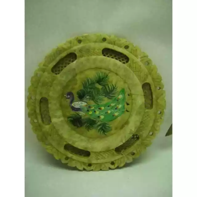 VINTAGE Indian Décor JADE Plate LATTICE Painted PEACOCK BRASS Leaf CANDY Tray 2