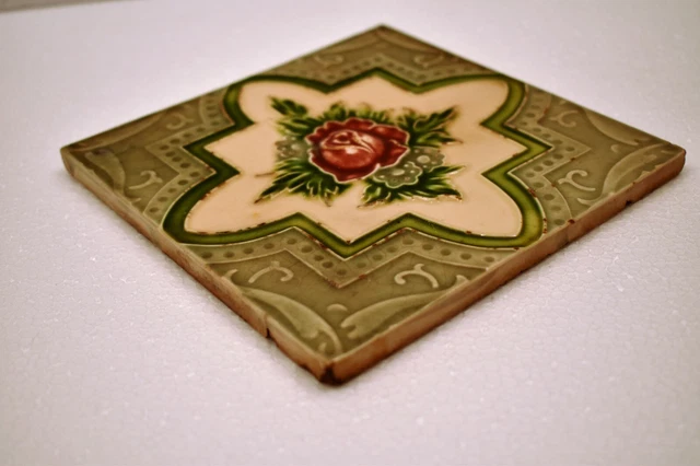 Antique M.S. Tile Work Japan Majolica Art Nouveau Porcelain Geometric Floral"J74 3