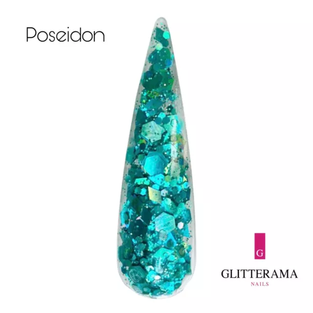 POSEIDON glitterama nails coloured glitter acrylic powder teal blue sparkle vibe