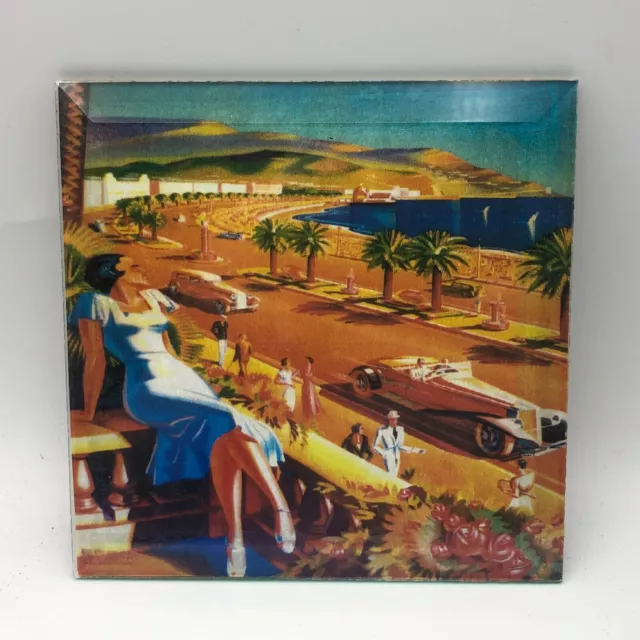 LADY ADMIRING VIEW FRENCH RIVIERA Art Deco 6" Glass Coaster Tile AS IS Read T9