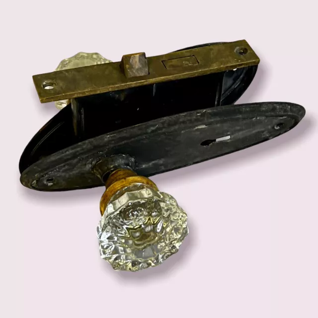 Antique Brass & Crystal Glass Door Knob Set + Plates & Lock