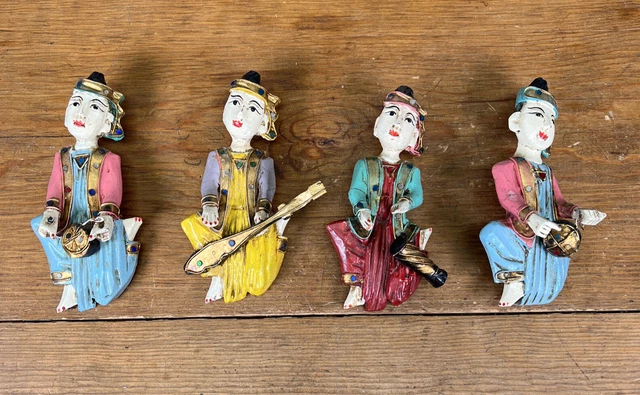 3 Burmese Temple Musicians Wall Plaques Hand Carved Wood Java Burma 7 In 3
