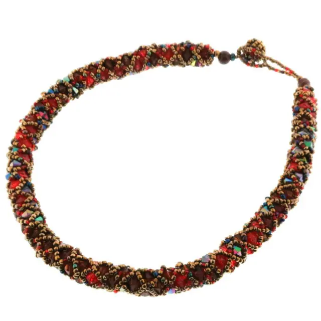 Mixed Beads Tube Hand Beaded Peacock Red Bronze Glass Beads Necklace, 18"