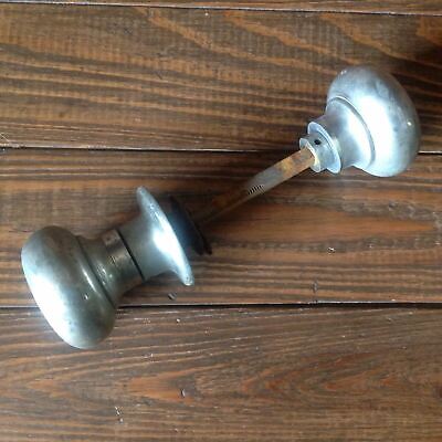 Pair Of Antique Brass Door Knobs With Collar Spindle And Washer Vtg Patina
