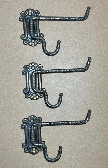 Victorian 3x Eastlake Swing Arm/Folding WALL HOOKS vtg cast iron steel vtg fancy