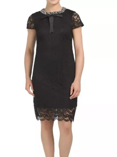 NEW Betsey Johnson Black Embellished Lace Dress Jewel Collar Pearl Rhinestone 6