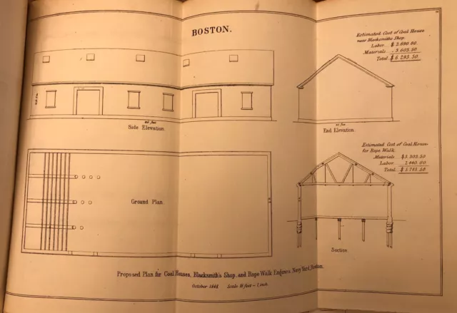1848 Drawing: US Navy Yard Boston Plans For Coal House, Blacksmith & Rope Walk
