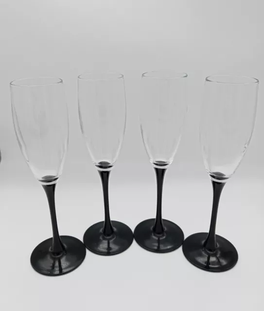 4 French Luminarc Black Stem 4 oz Champagne Flutes Glasses Embossed France