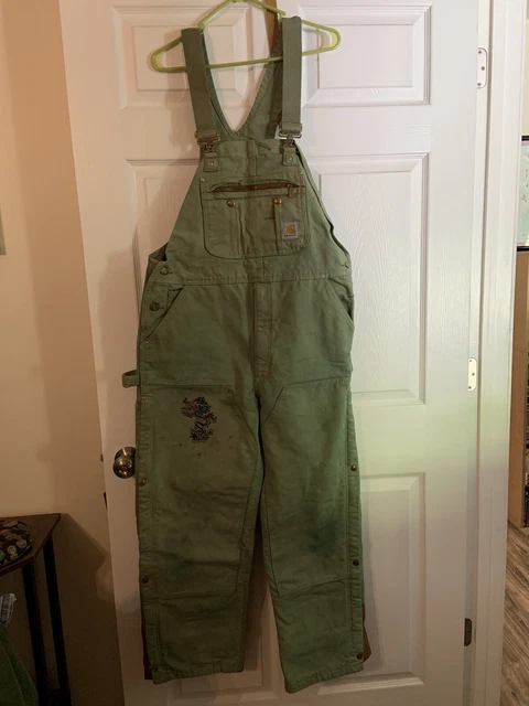 Carhartt Insulated Duck Work Bib Pants Red Lining B41 40x30 Green Dragon Read