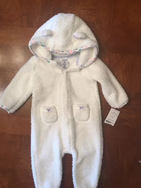 NWT- Infant Girls Carter’s One Piece White Hooded Bodysuit-Size 6 Months