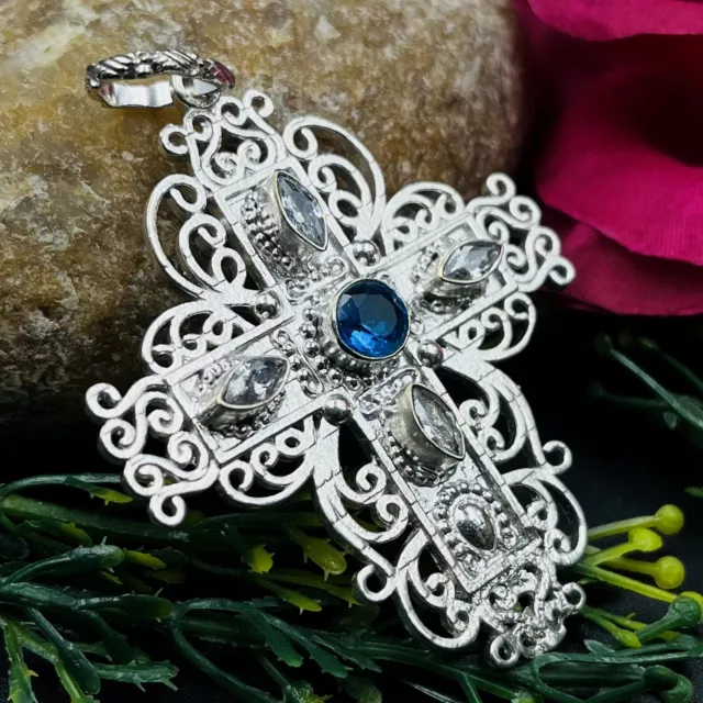 925 Sterling Silver Swiss Blue Topaz &White Topaz Gemstone Jewelry Cross Pendant