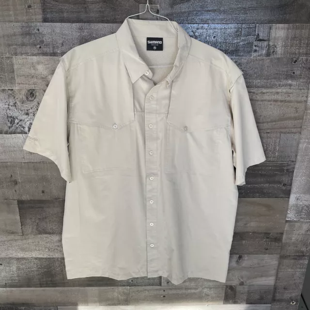 Shimano Mens Light Tan Short Sleeve Vented Back Shirt 2XL Embroidered Logo Arm