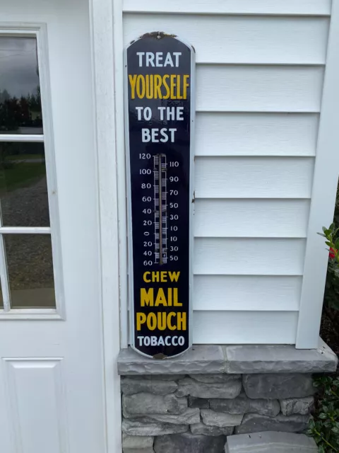 Vintage Original Chew Mail Pouch Tobacco 39" Porcelain/Metal Thermometer - Nice!