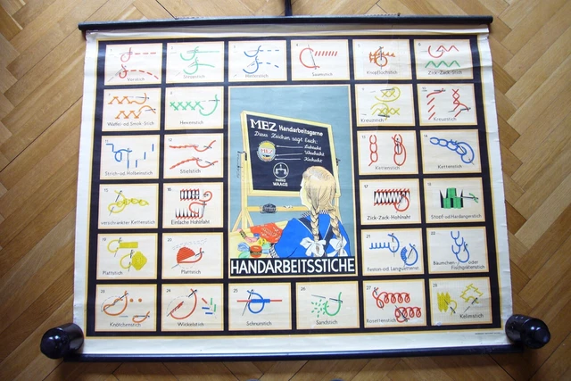 MEZ Handarbeitsstiche - alte Lehrtafel Schultafel Rollbild  - 50er Jahre