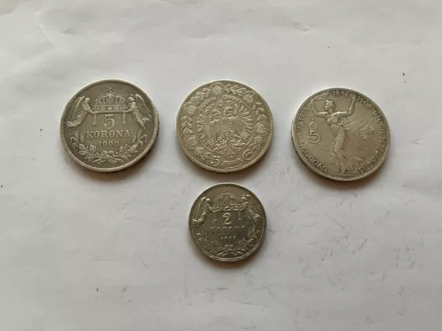 4 Münzen Österreich Habsburg 5 Kronen 1900+1900+1908 Silber +2 Korona 1912