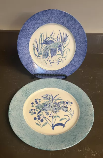 2 Laure Japy Fish Dinner Blue Plates. Htf