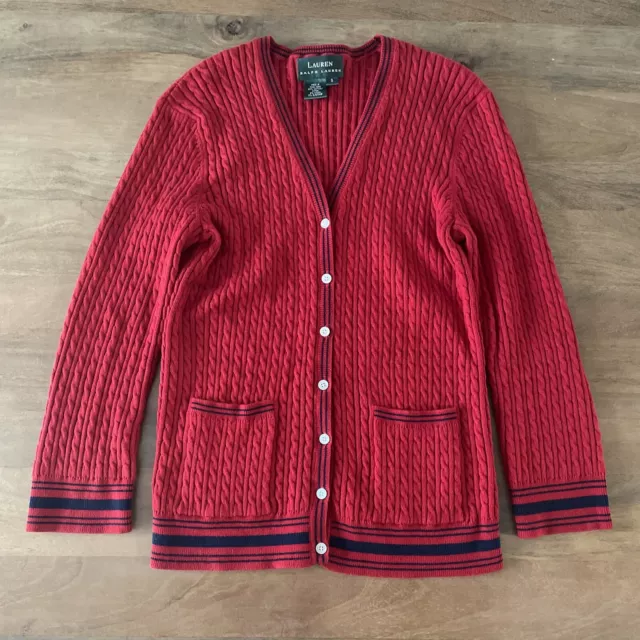 Ralph Lauren Girls Red Cable Knit Button Front Cardigan Sweater Sweatshirt Youth