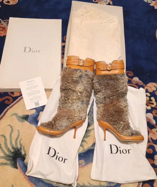 Womens Christian Dior Signature Logo Rabbit Fur Leather Boots Sz 6 IT 36