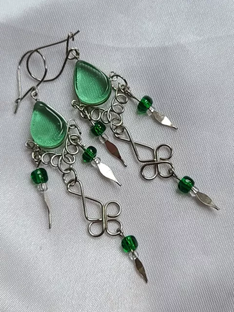 PERU Silver 60mm GREEN Dangle Bead Drop Tribal Charm Earrings Gift Jewellery g4