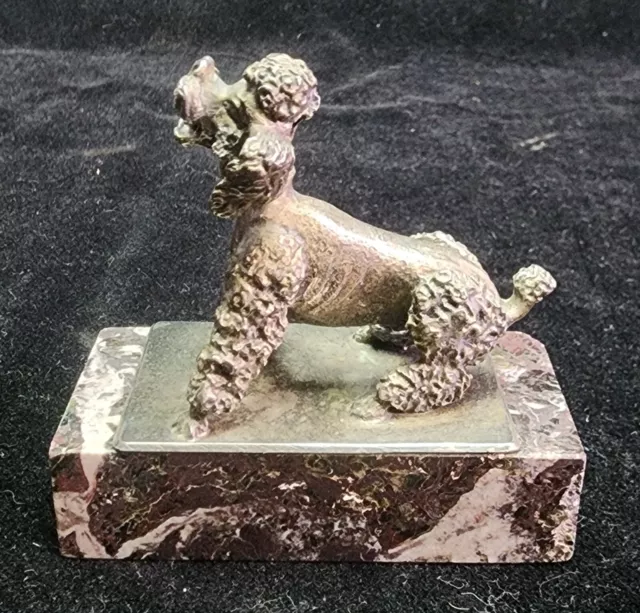 Antique Metal Silver Poodle On Marble Paperweight