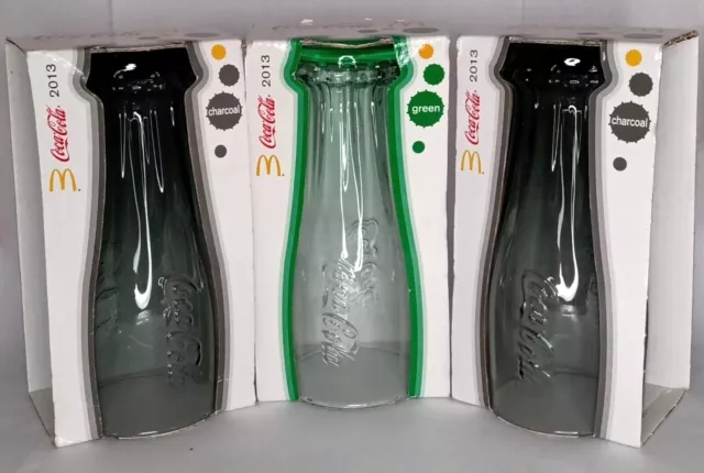 McDonalds 2013 Coca-Cola Upside Down Bottle Shape Glasses 1xGn, 2x Charcoal 3