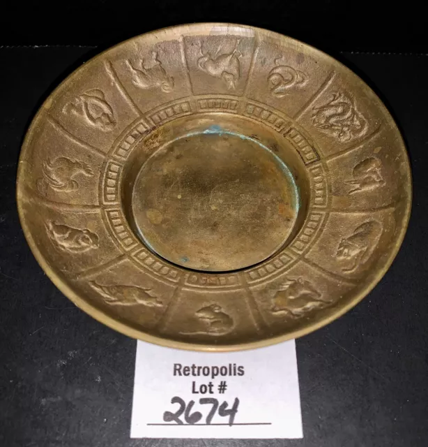 Vintage Ashtray Chinese Zodiac Solid Brass Korea 4.25"