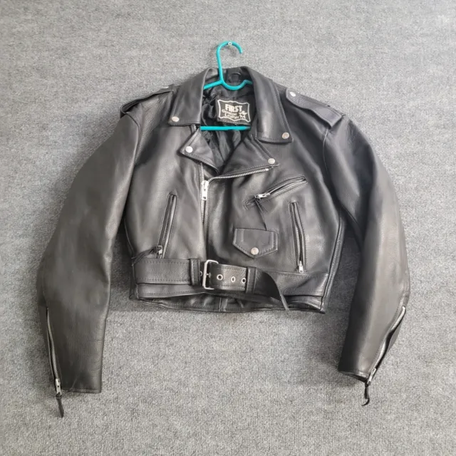 Vintage First Genuine Leather Blk Cropped Motorcycle Jacket Women’s Medium 80’s