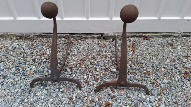 Pair Cannonball Antique Early 18thc Style Hand Forged Andirons Large 26"