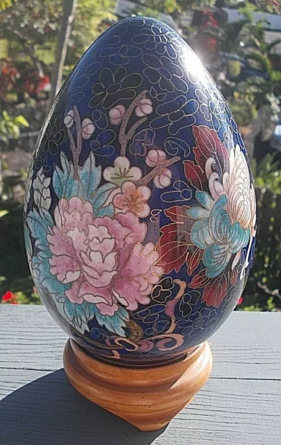 Chinese 6 1/2" Tall Blue Floral Cloisonne Egg with Wood Stand MINT CONDITION