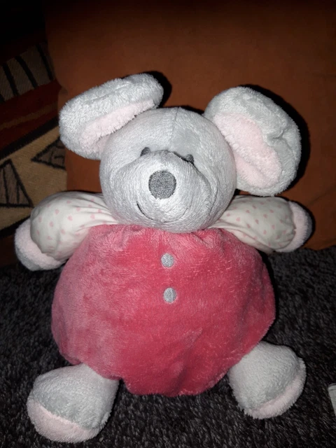 DOUDOU BOULE OBAIBI SOURIS ROSE GRIS Imprimés COEURS GRELOT TBE(etiquette coupée