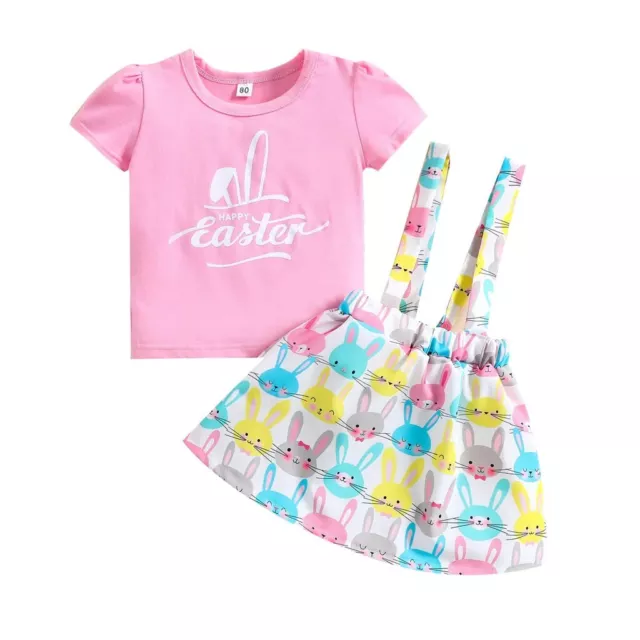 Kid Toddler Girls Easter 2Pcs Clothes Set Short Sleeve Top T Shirt Pink, 5-6 Yrs
