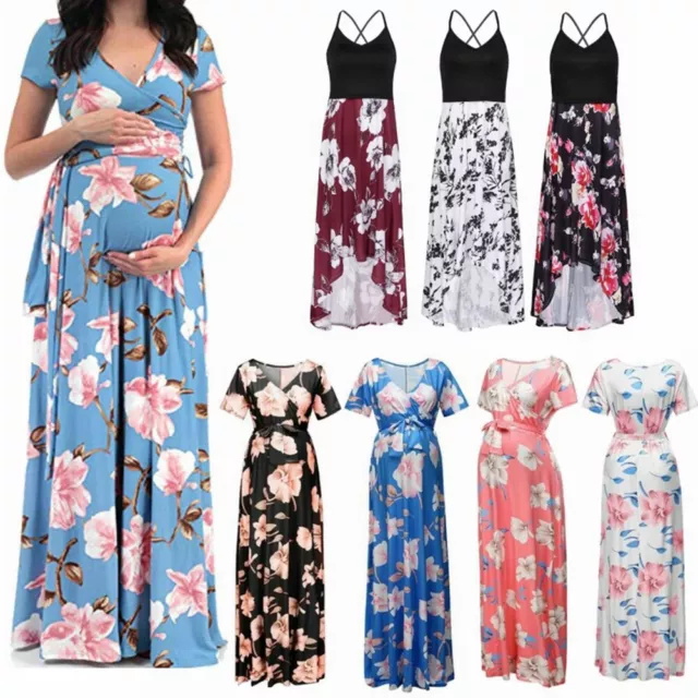 Maternity Floral Pattern Dress Pregnant Women Summer Nursing Clothes Maxi Dress