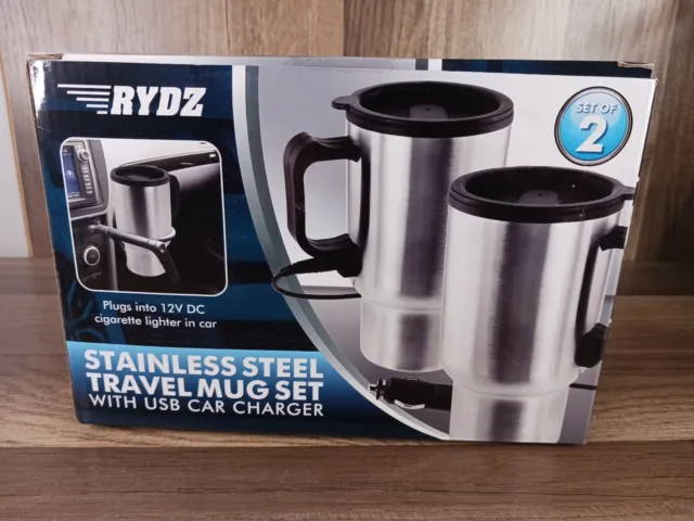 RYDZ Stainless Steel Travel Heated Mug Set with USB Car Charger Set of 2 Mugs