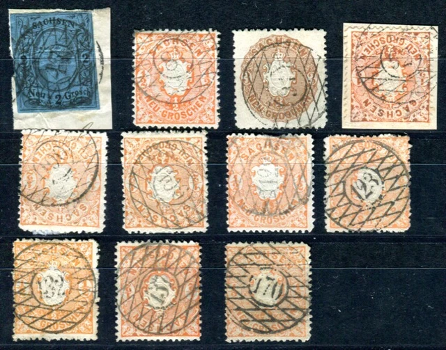 SACHSEN 1863 elf sauber gestempelte WERTE mit klarem NUMMERNSTEMPEL  (D6413