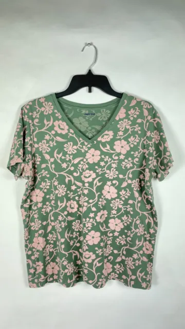 NWOT Lands' End Womens T Shirt Top V Neck Floral Print Pink Green Size Medium.