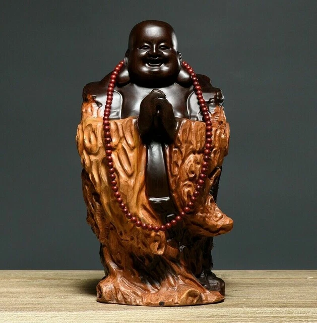 8" Natural Ebony Wood Hand-Carved Maitreya Laughing Buddha Buddhism Bead Statue