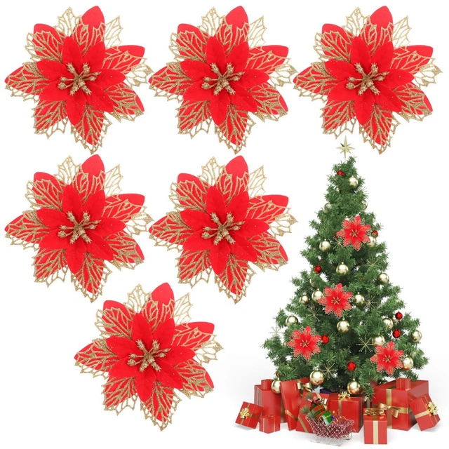 30 Pièces Fleurs De Noël Poinsettia à Paillettes - Décorations Pour Sapin, Couronne, Maison - Diamètre 13 Cm - Brillant Argenté