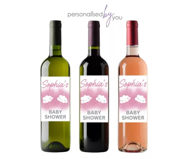 3 x Personalised PINK / GIRL Baby Shower WINE BOTTLE LABELS Stickers ANY MESSAGE