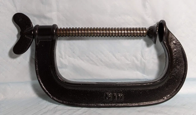 5"  C-Clamp, Cast Iron, Heavy Duty, Wing Nut knob,  Antique, Refurb, Works, USA
