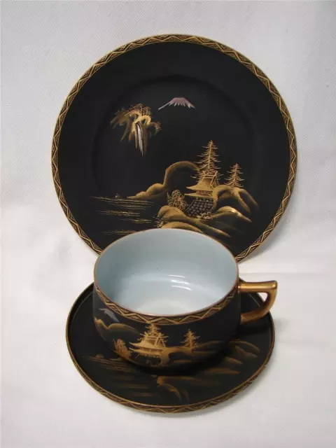 Satsuma Japan Black Matte + Gold Egg shell porcelain Trio #1 vintage