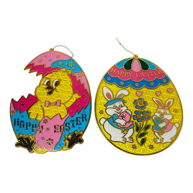 2 Vintage Easter Bunny Rabbit Egg Plastic Stained Glass Look Window Suncatchers