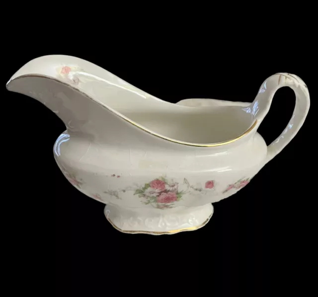 Vtg EDWIN M KNOWLES CHINA CO USA SEMI VITREOUS Gravy Boat Pink Roses Gold Trim