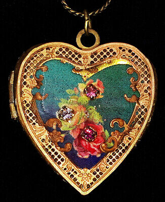 Michal Negrin Heart Locket Necklace Blue Roses Crystals Pendant Victorian Floral