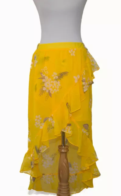 A New Day Womens High Low Hem Maxi Skirt Yellow Floral Ruffle Size Medium M