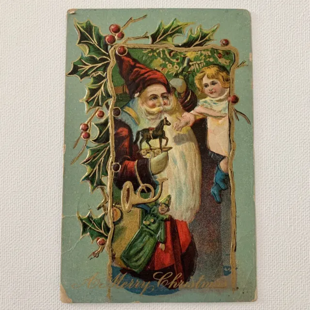 Antique Postcard Embossed Christmas Santa Very Long Beard Giving Horse To Girl