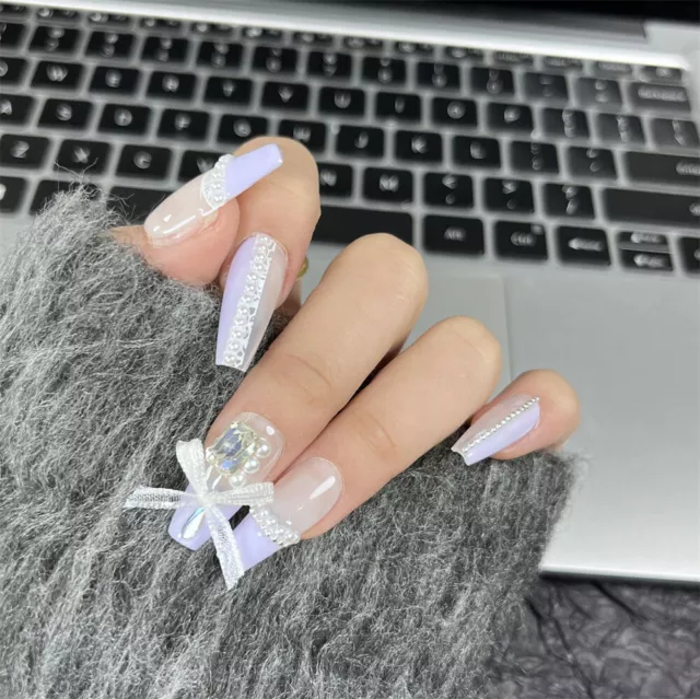 Hecho a mano Uñas Falsas Púrpura Perla Francesa Ataúd Prensa sobre Uñas para Arte en Uñas 10 PIEZAS