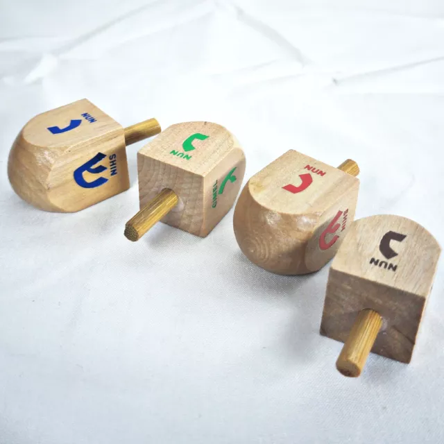 Dreidel Hanukkah Wooden Jewish Spinning Top Colored Chrome Inlay Set of 4
