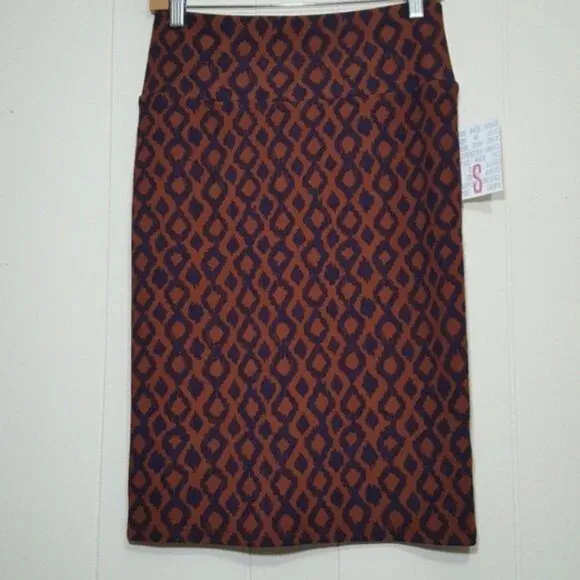 Lularoe Cassie Pencil Skirt Brown Navy Size S Diamond Pattern Knee Length