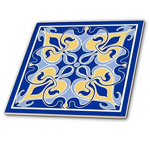 Single Victorian Art Nouveau Tile Design in Blue and Yellow - Ceramic Tile 12"