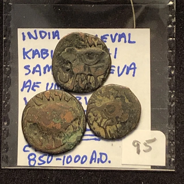 Ancient India Medieval Coin Lot(3)circa 850-1000ad kabul shahi lion / elephant